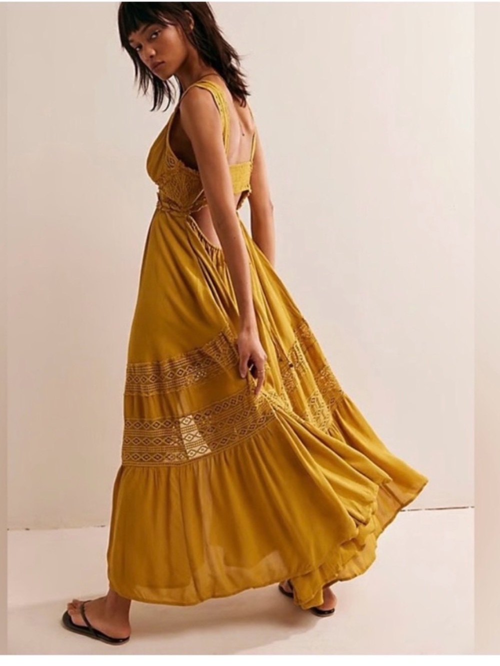 Free People Olive-Mustard Boho Maxi Dress with V-Neck